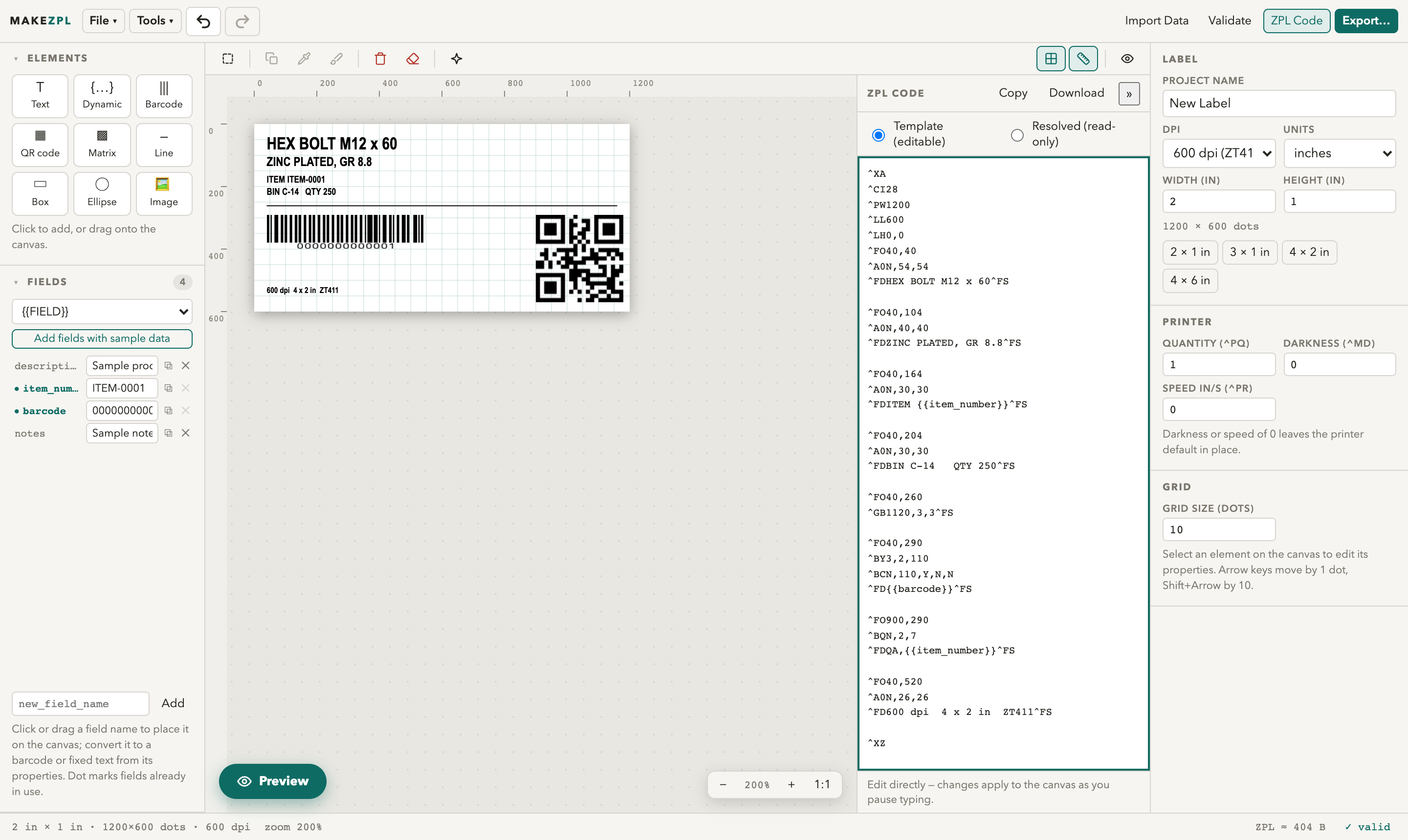 The MakeZPL designer: a 2 by 1 inch label on the canvas with a product description, Code 128 barcode and QR code, the live ZPL source in the panel beside it, and the field list on the left.
